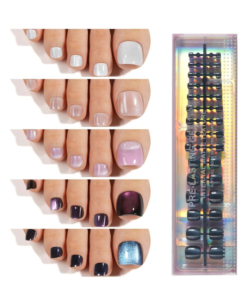Plauva 150Pcs Cat Eye Toe Nail Tips, Toe Press on Nails, 5 Colors Glossy Glitter Cat Eye Fake Nails, Soft Gel Stick On Nails for Women and Girls 15 Sizes - Image 1